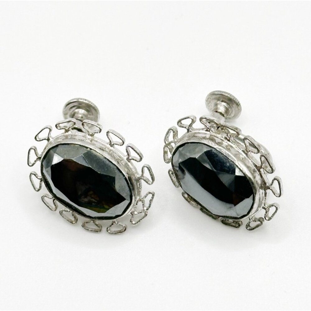 Sterling Hematite Screwback Earrings Marked CC Sterling‎